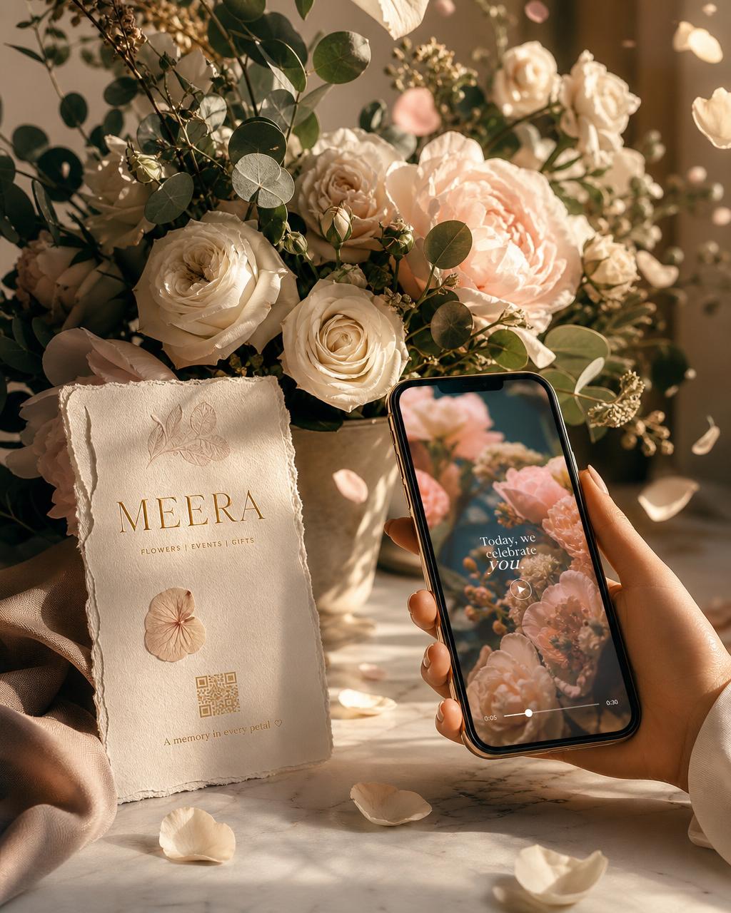 Luxury bouquet of white roses and blush peonies beside a gold-foil QR greeting card and a phone playing a floral memory video