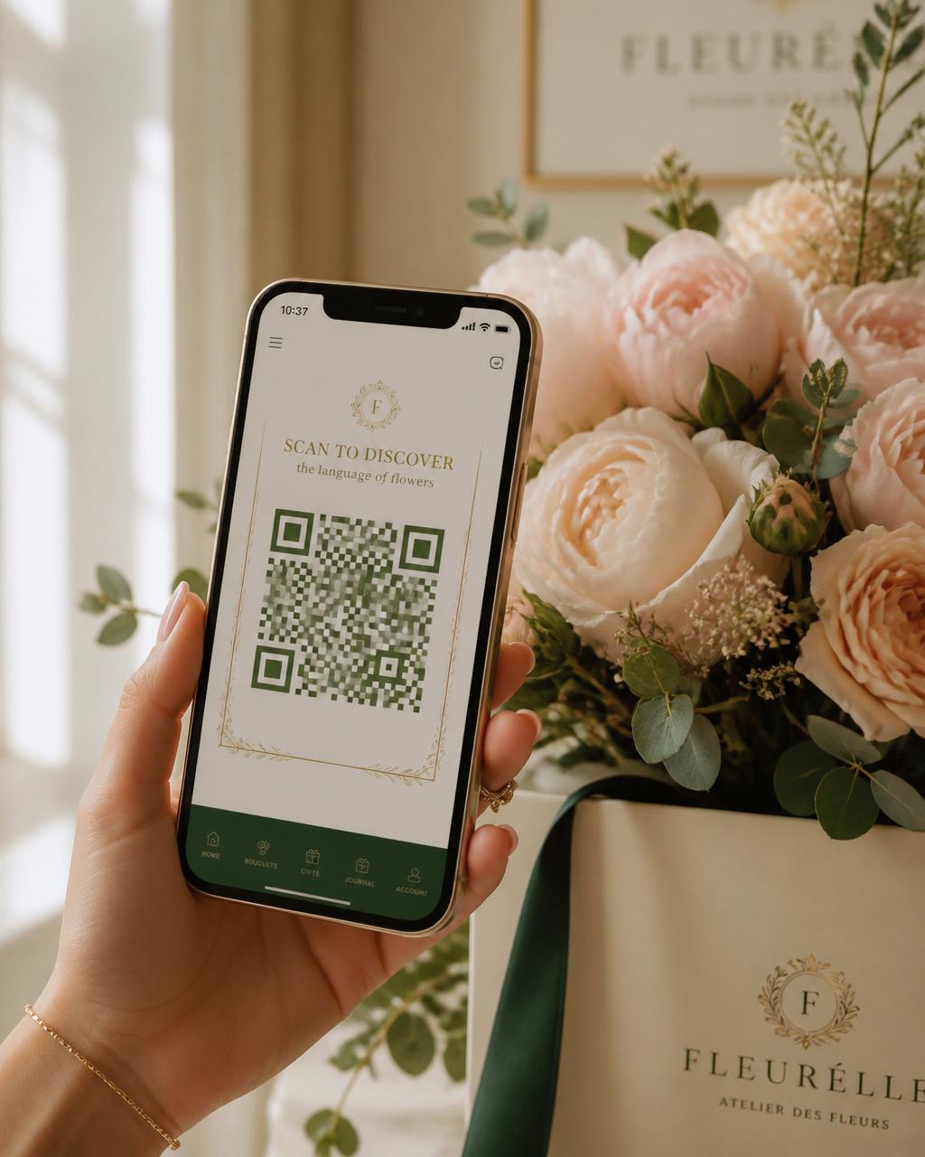 Recipient scanning a MEERA QR keepsake beside flowers